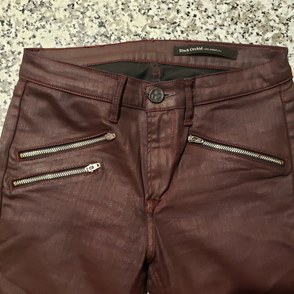 Black Orchid Maroon Painted/Leathery Denim Jeans